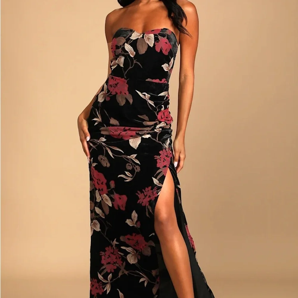 Black Floral Velvet Strapless Dress - Picture 1 of 7